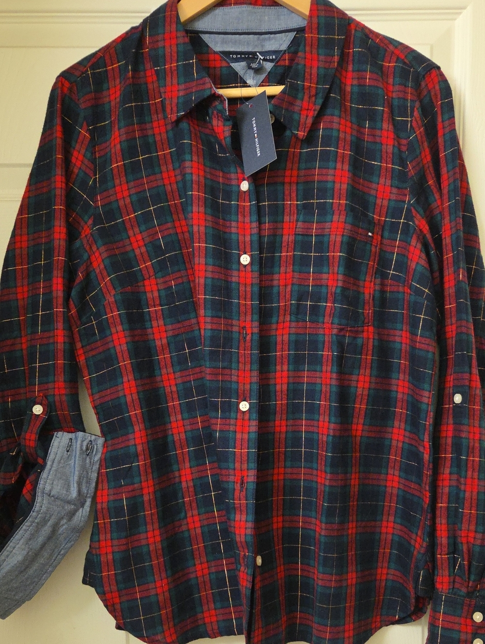 Tommy Hilfiger Red and Navy Plaid Casual Button-Down Shirt Large NWT Gold Detail